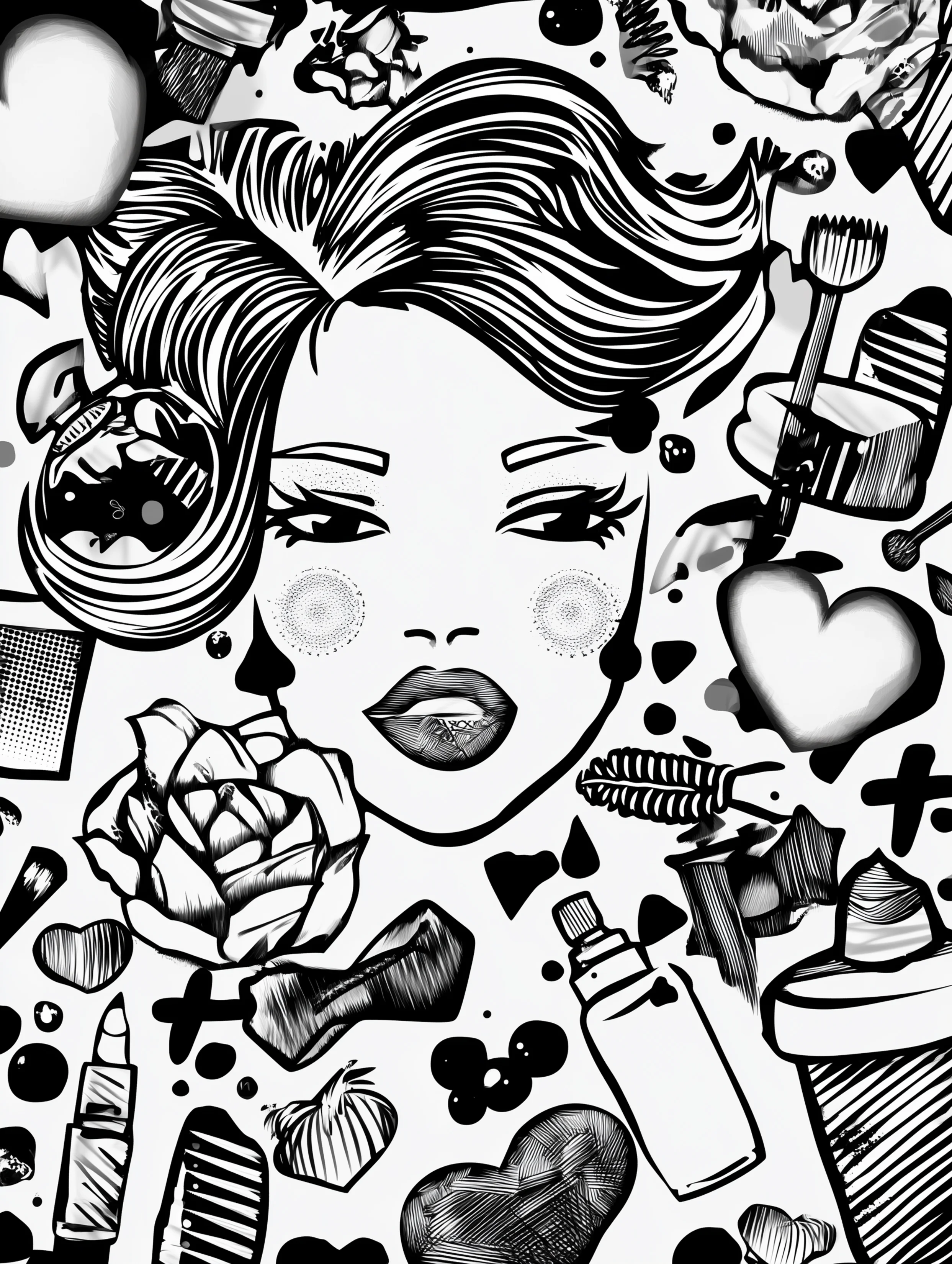 Free printable makeup coloring page for adults featuring a woman with curled hair and makeup